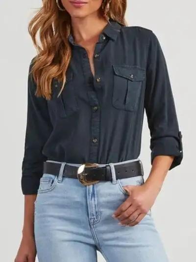Button Down Collared Neck Denim Top - Trendsi
