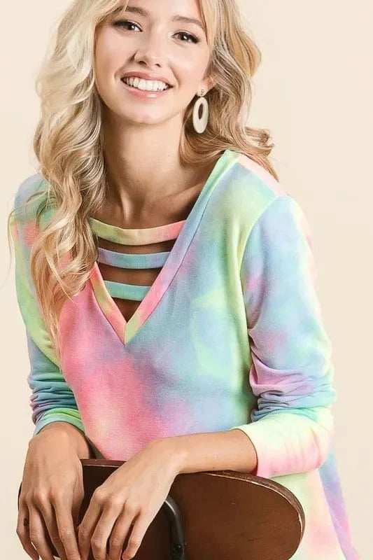 BiBi Tie Dye French Terry V-Neck Top with Strapped - Trendsi - Flyclothing LLC