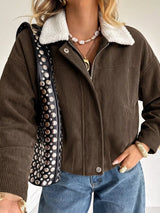 Contrast Sherpa Collar Corduroy Zip Up Jacket - Trendsi - Flyclothing LLC