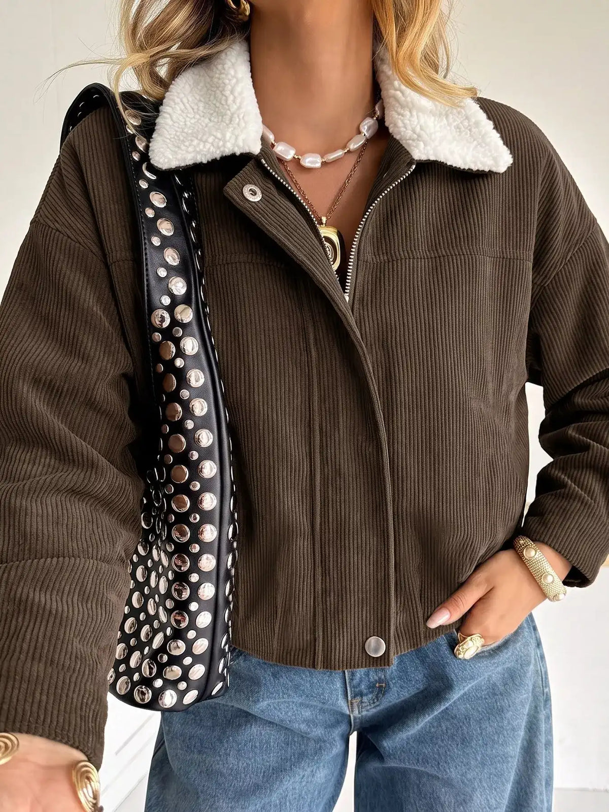 Contrast Sherpa Collar Corduroy Zip Up Jacket - Trendsi - Flyclothing LLC
