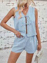 Lovelet Tied Plaid V-Neck Vest and Shorts Set - Trendsi