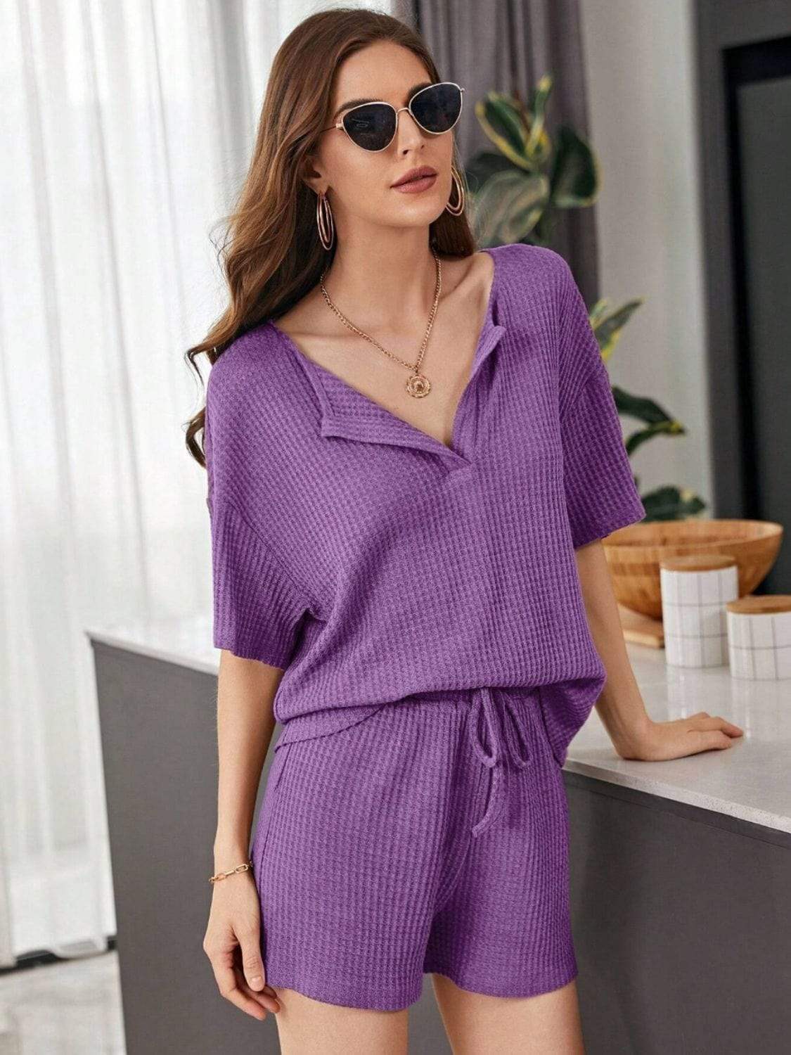 Full Size Waffle-Knit Dropped Shoulder Top and Shorts Set - Trendsi - Flyclothing LLC
