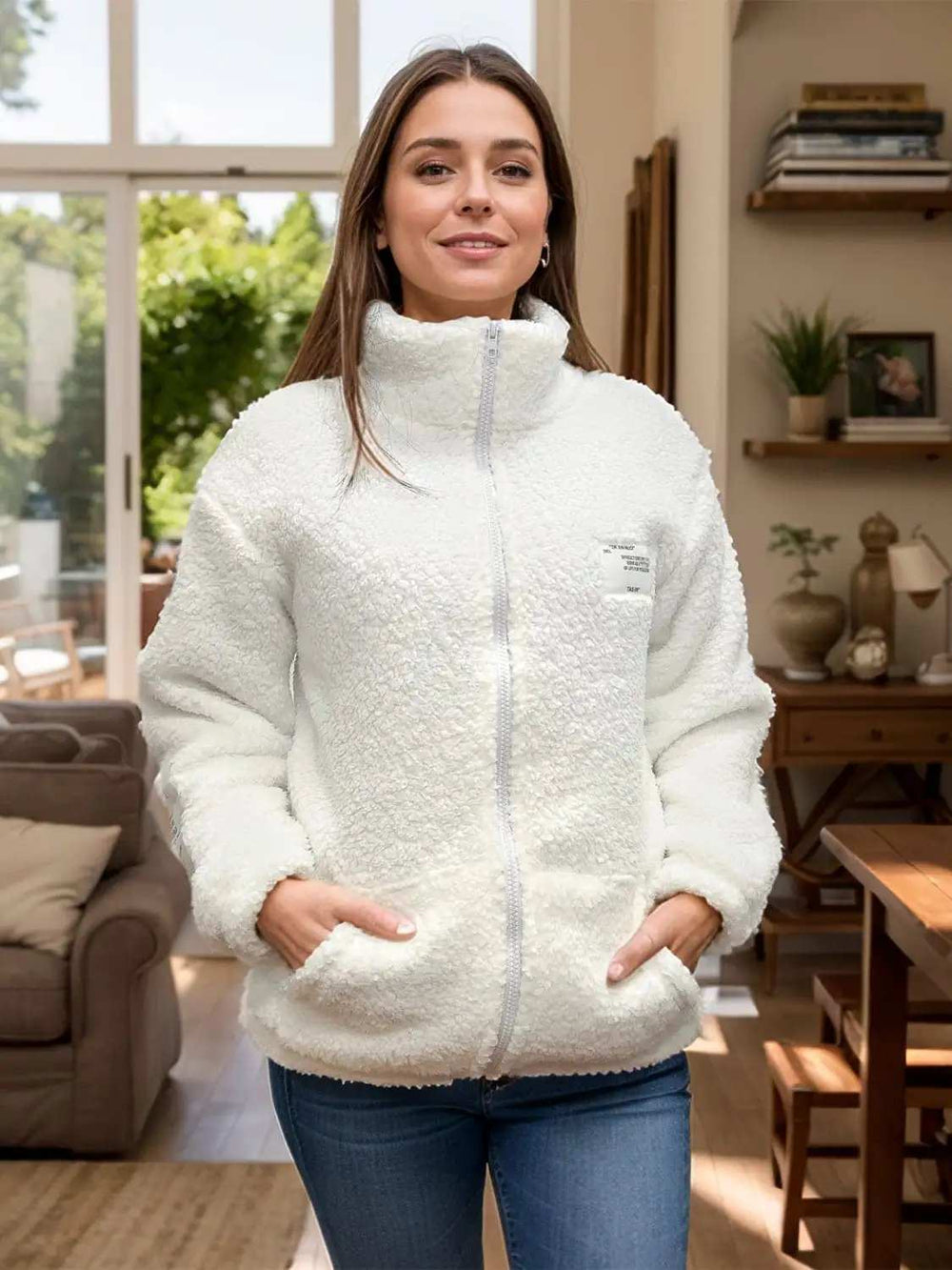 Full Size Turtleneck Zip Up Long Sleeve Sherpa Jacket - Trendsi - Flyclothing LLC