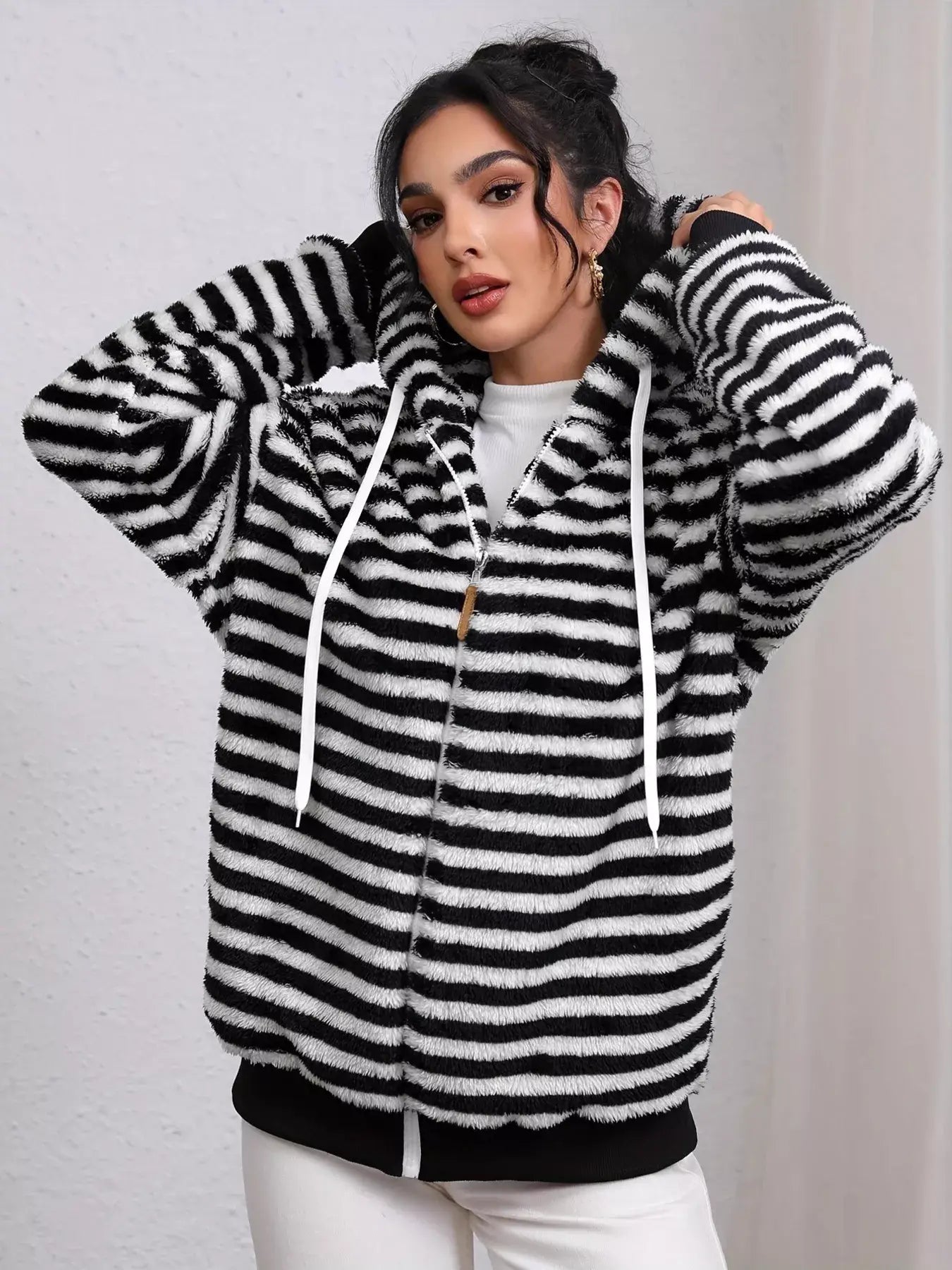 Striped Plush Zip-Up Hooded Outerwear - Trendsi - Flyclothing LLC