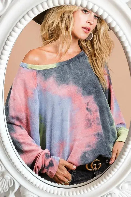 BiBi Tie Dye Terry Top With Dolman Sleeves - Trendsi - Flyclothing LLC