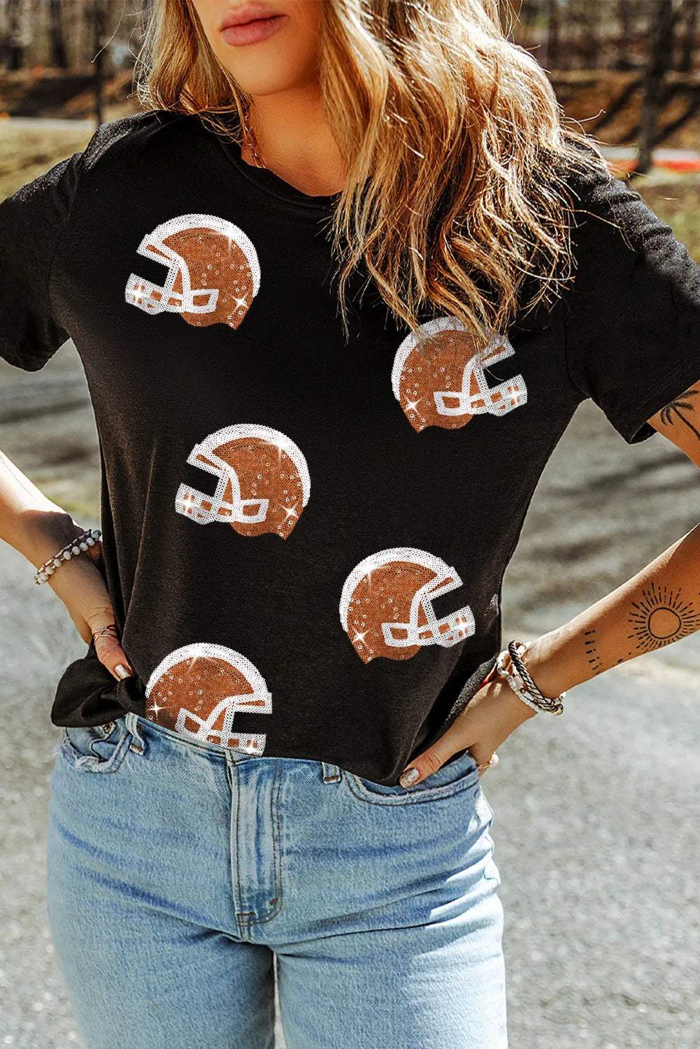 Sequin Round Neck Short Sleeve T-Shirt - Trendsi - Flyclothing LLC