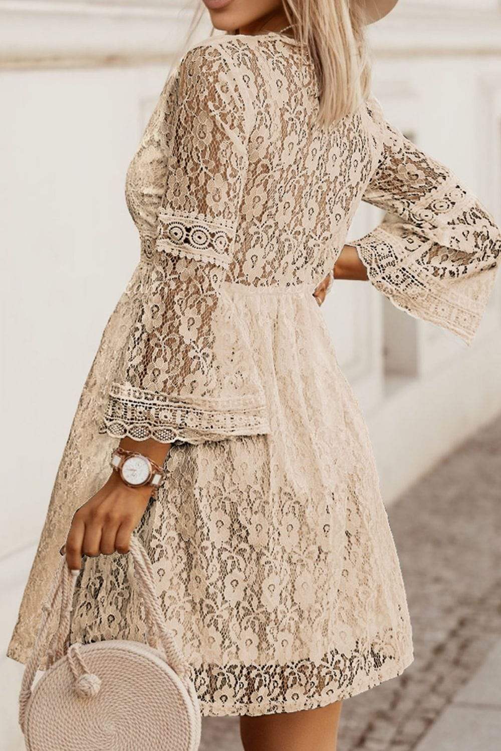 Lace V-Neck Three-Quarter Sleeve Dress - Trendsi - Flyclothing LLC