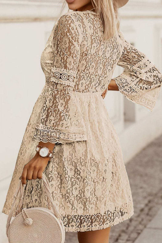 Lace V-Neck Three-Quarter Sleeve Dress - Trendsi - Flyclothing LLC