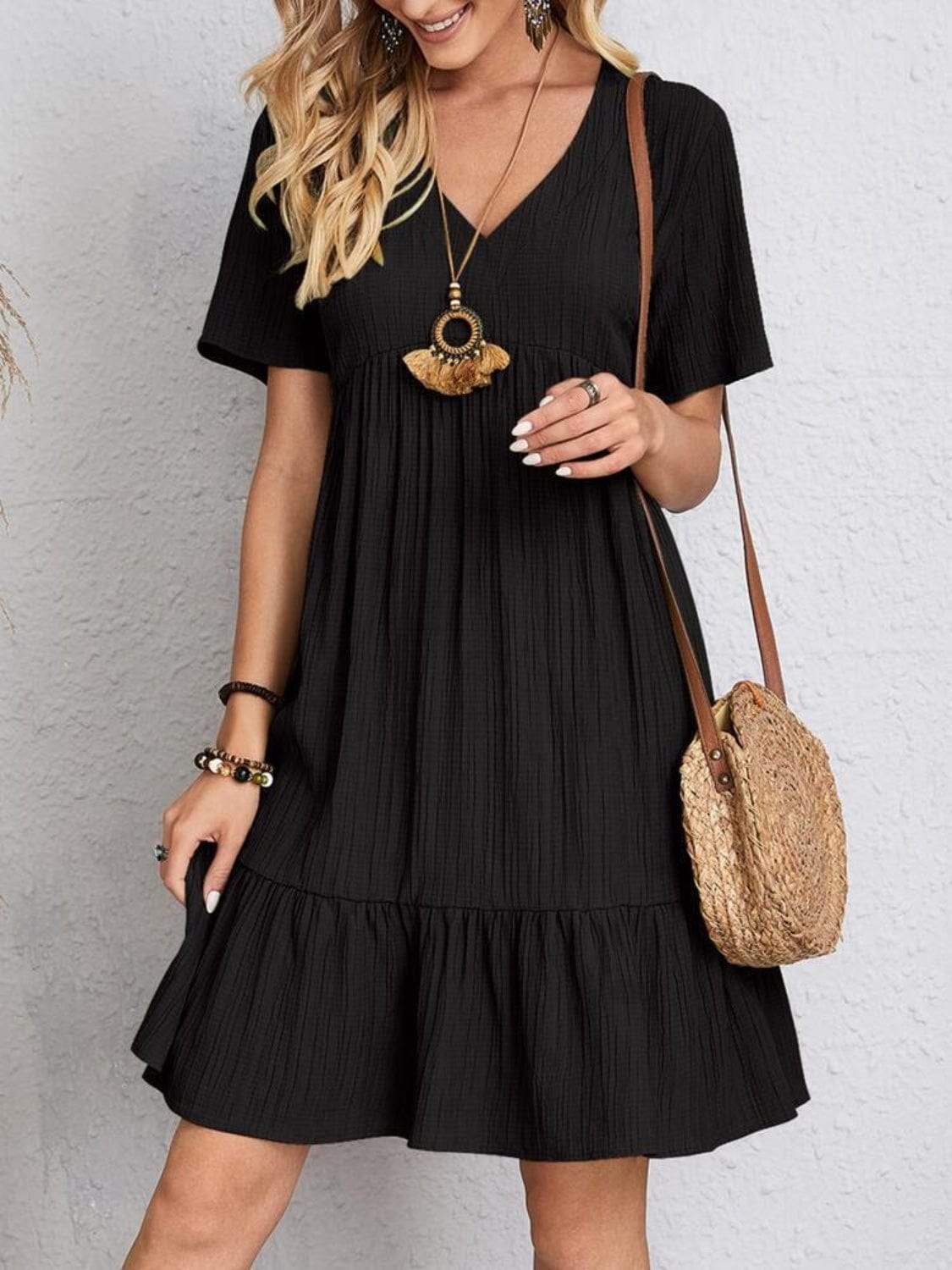 Full Size V-Neck Short Sleeve Dress - Trendsi - Flyclothing LLC
