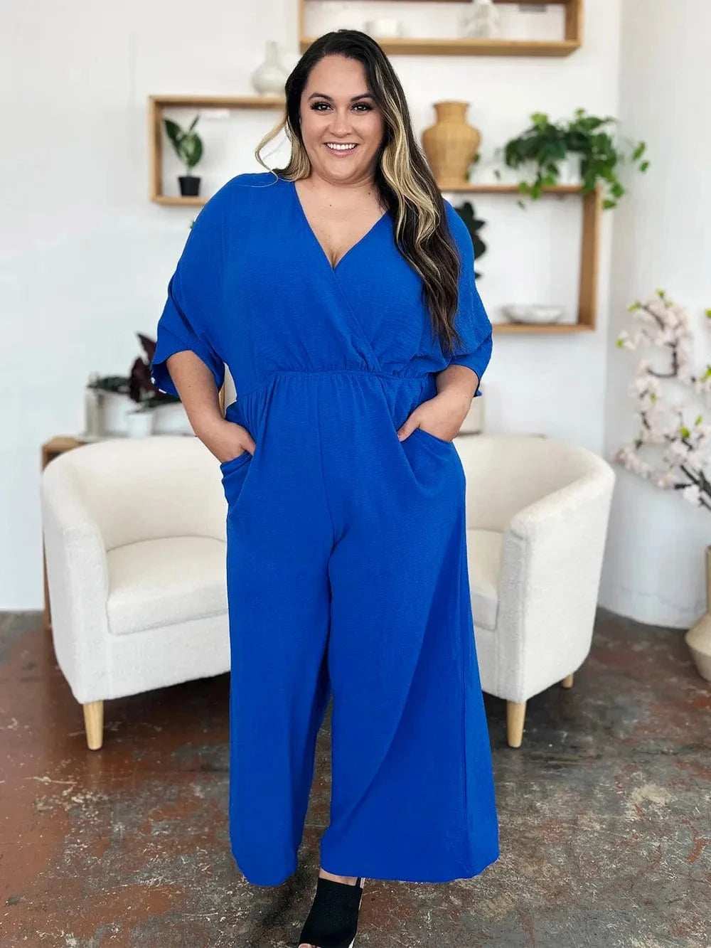 Double Take Full Size Surplice Wide Leg Jumpsuit with Pockets - Trendsi - Flyclothing LLC