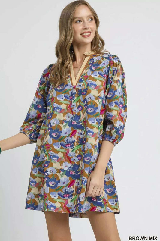 Umgee Boho Floral Balloon Sleeve Mini Dress - Trendsi - Flyclothing LLC