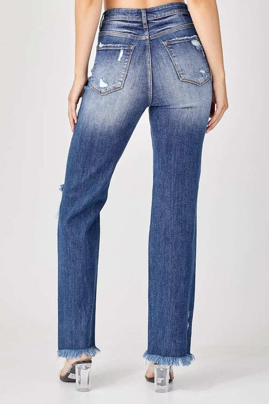 Risen Full Size Raw Hem Distressed Straight Jeans - Trendsi - Flyclothing LLC