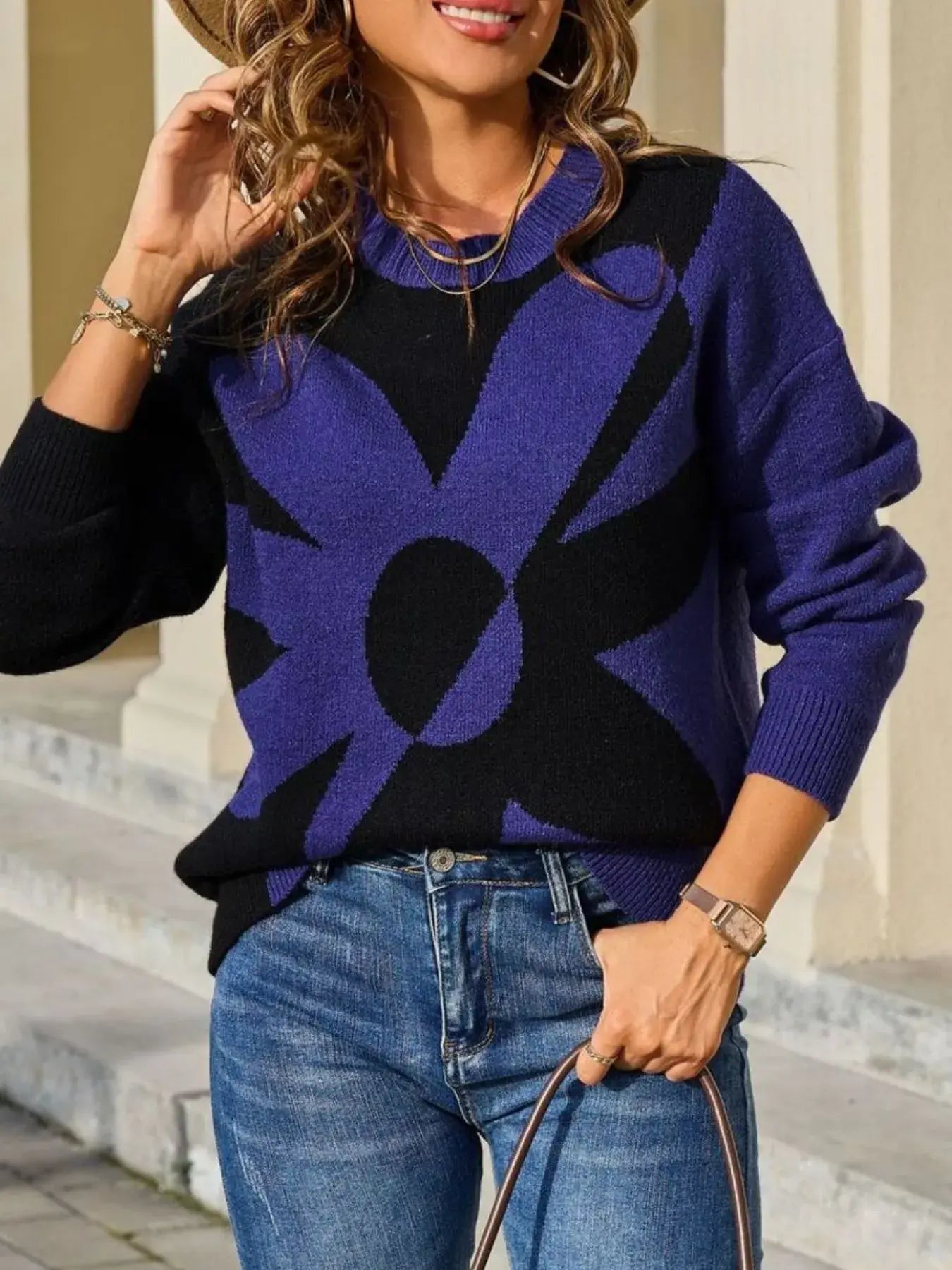 Floral Pattern Color Block Sweater - Trendsi - Flyclothing LLC