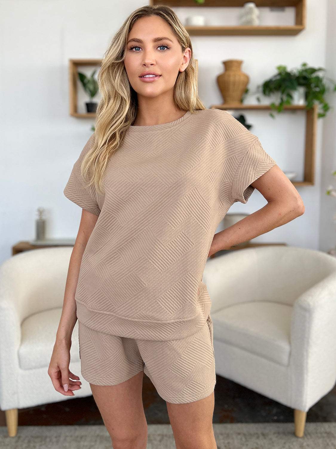 Double Take Full Size Texture Short Sleeve T-Shirt and Drawstring Shorts Set - Trendsi - Flyclothing LLC