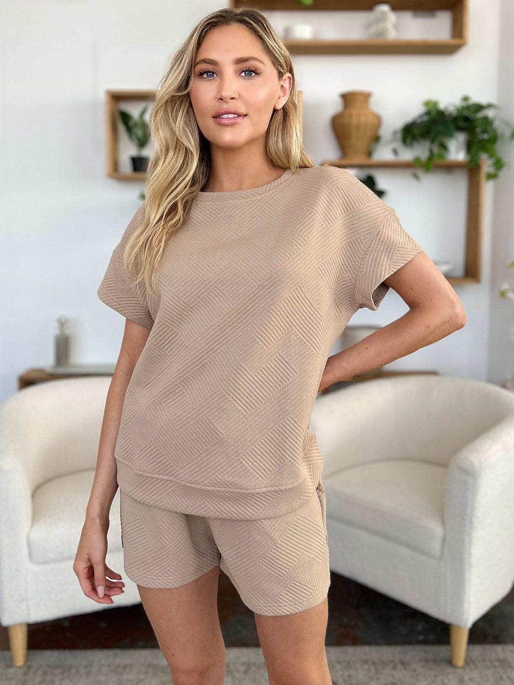 Double Take Full Size Texture Short Sleeve T-Shirt and Drawstring Shorts Set - Trendsi - Flyclothing LLC