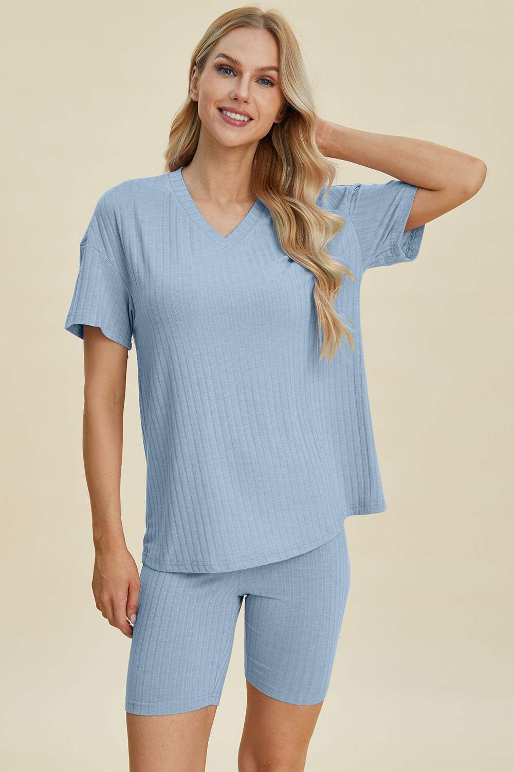 Basic Bae Full Size Ribbed V-Neck Short Sleeve Top and Shorts Set - Trendsi - Flyclothing LLC