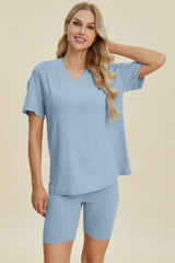 Basic Bae Full Size Ribbed V-Neck Short Sleeve Top and Shorts Set - ShopBasicbae - Flyclothing LLC