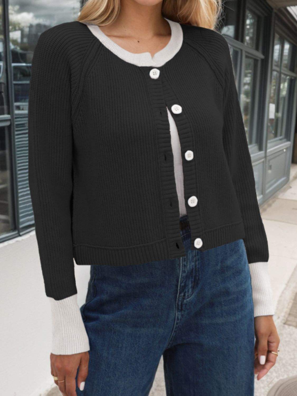 Contrast Button Up Long Sleeve Cardigan - Trendsi - Flyclothing LLC