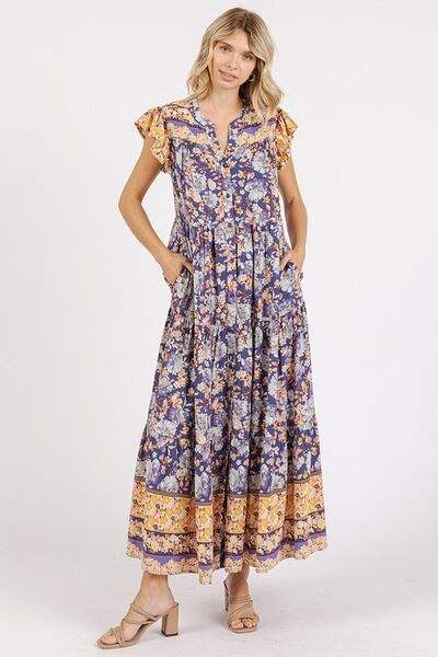 Mittoshop Floral Ruffled Notched Cap Sleeve Maxi Dress - Trendsi - Flyclothing LLC