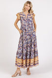 Mittoshop Floral Ruffled Notched Cap Sleeve Maxi Dress - Trendsi