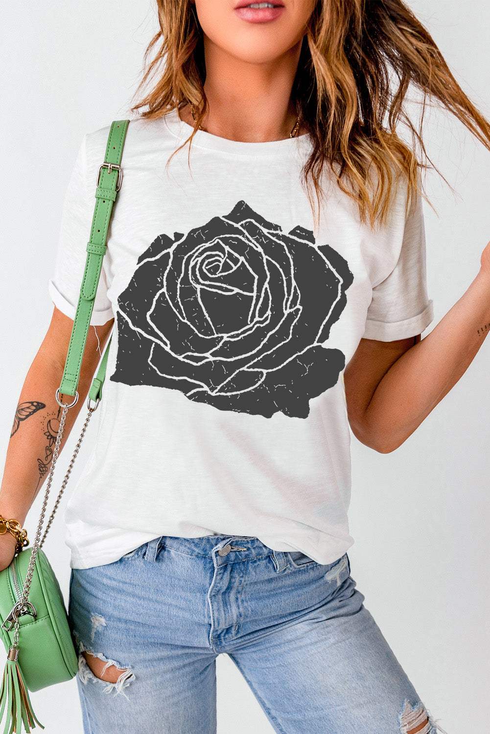 Rose Graphic Round Neck Short Sleeve T-Shirt - Trendsi - Flyclothing LLC