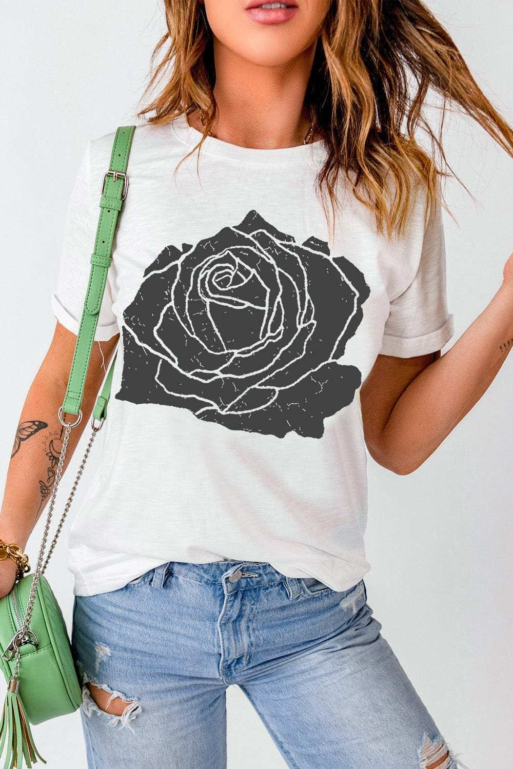 Rose Graphic Round Neck Short Sleeve T-Shirt - Trendsi - Flyclothing LLC