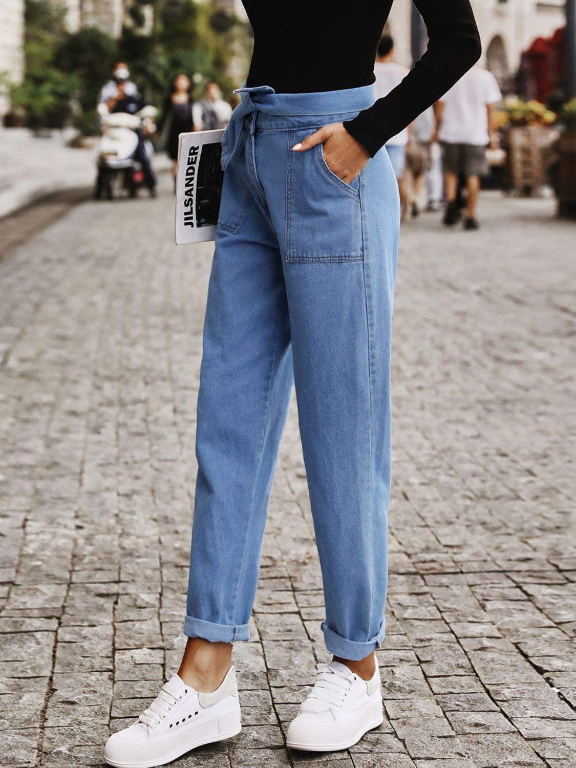 Tied Straight Jeans with Pockets - Trendsi - Flyclothing LLC