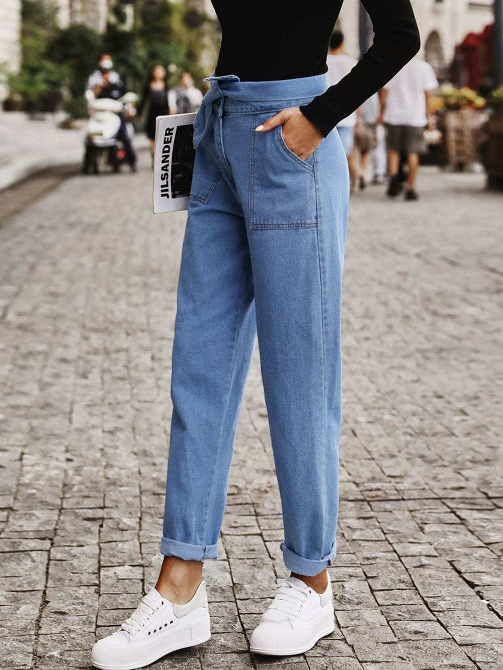 Tied Straight Jeans with Pockets - Trendsi - Flyclothing LLC