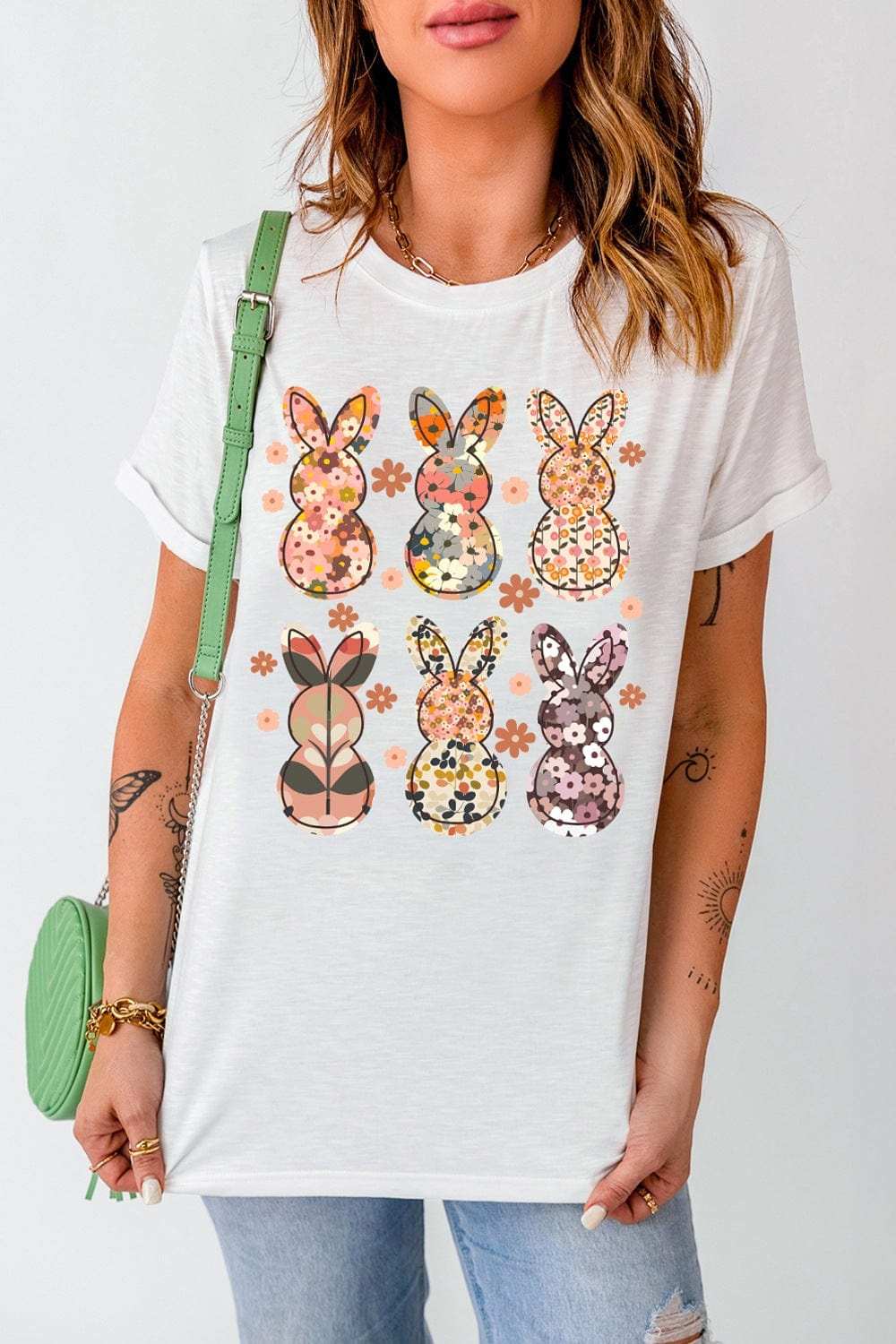 Floral Bunny Graphic Crewneck Short Sleeve T-Shirt - Trendsi - Flyclothing LLC