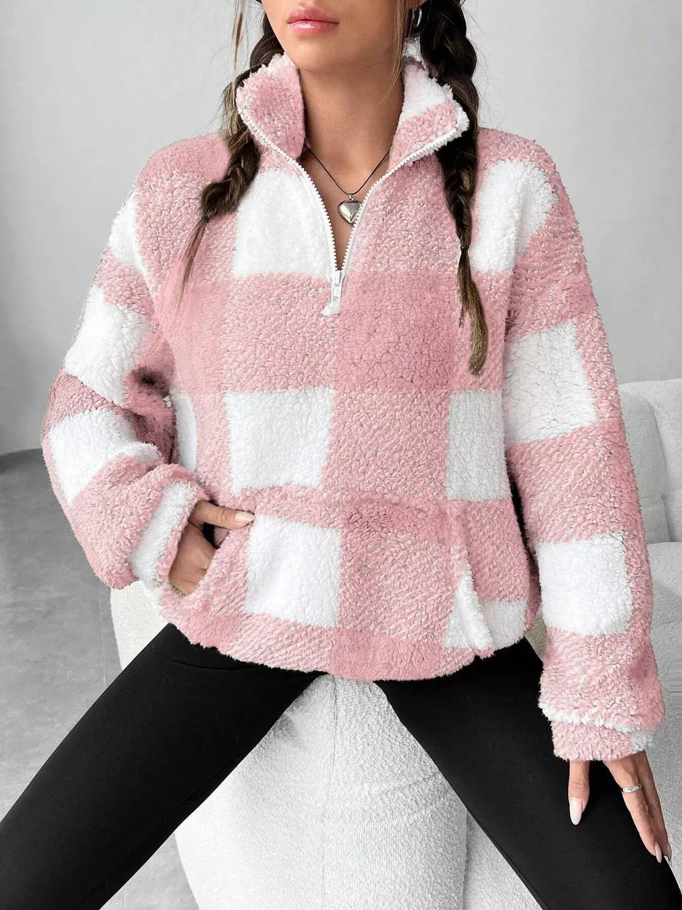 Full Size Plaid Sherpa Long Sleeve Sweatshirt Plus Size - Trendsi - Flyclothing LLC