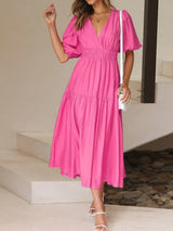 V-Neck Puff Sleeve Midi Dress - Trendsi - Flyclothing LLC