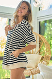 BiBi Stripe Fleece Notch Neck Short Sleeve Hoodie - Trendsi - Flyclothing LLC