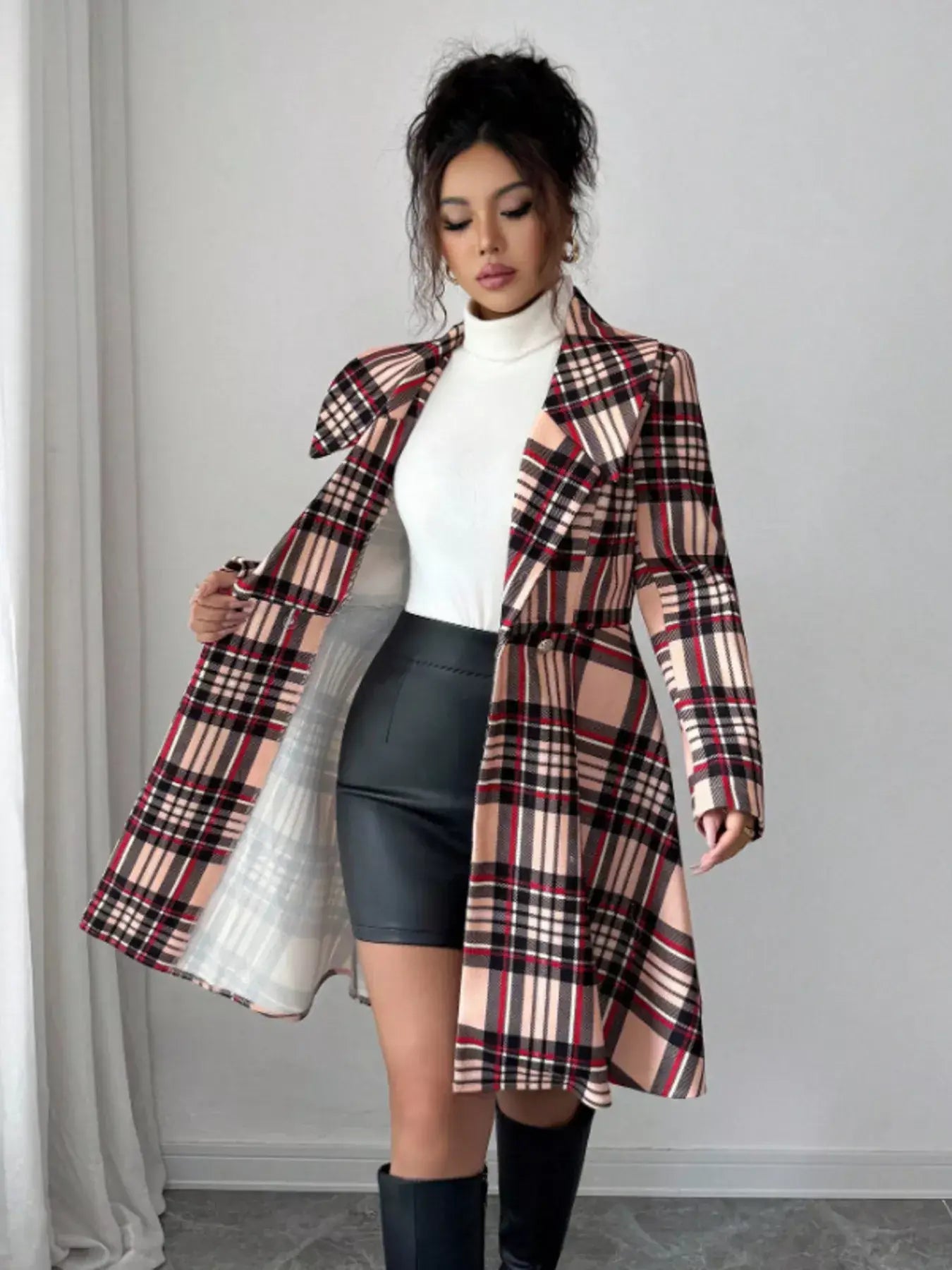Plaid Button Up Long Sleeve Coat - Trendsi - Flyclothing LLC