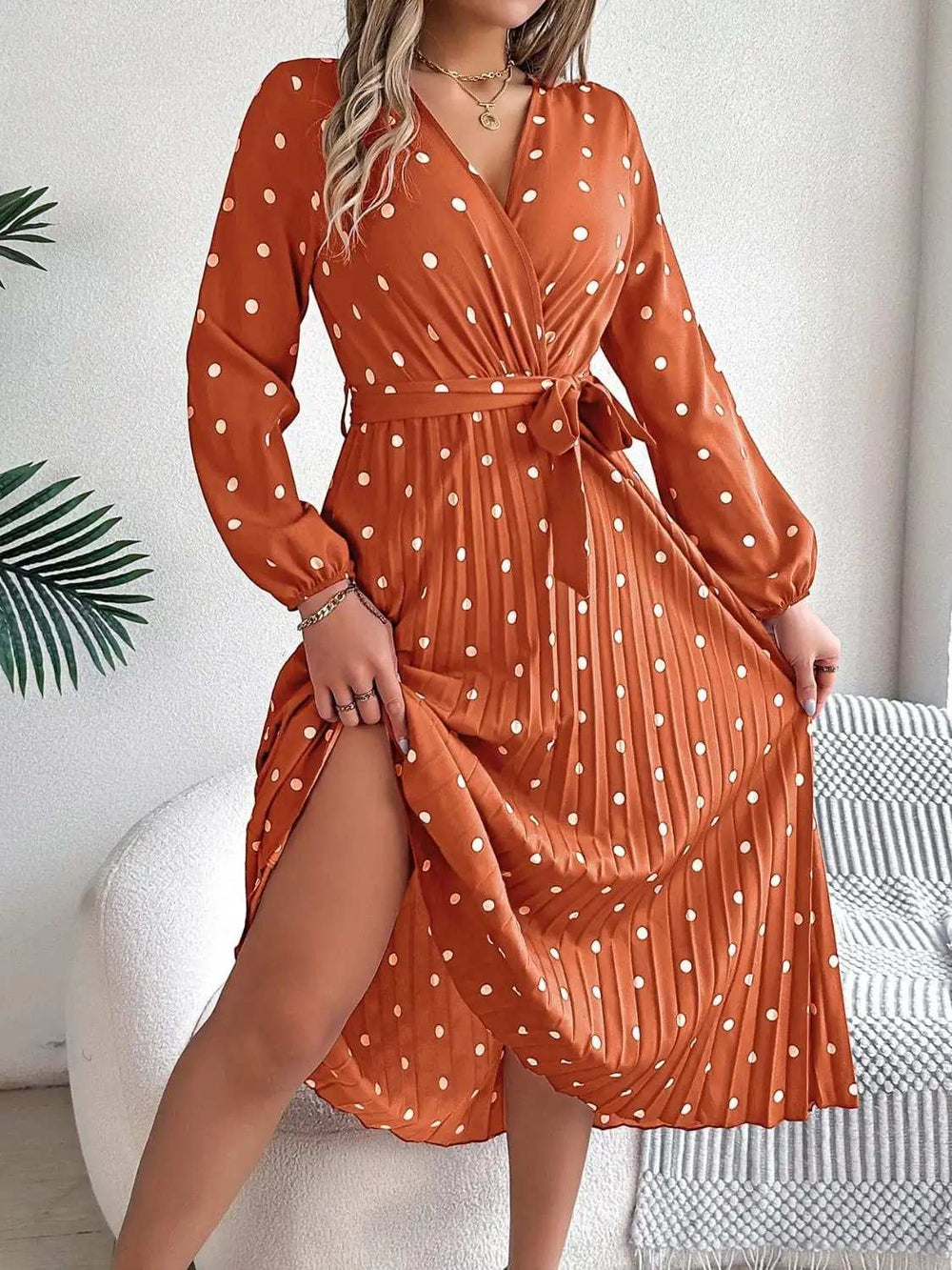 Tied Polka Dot Long Sleeve Midi Dress - Trendsi - Flyclothing LLC