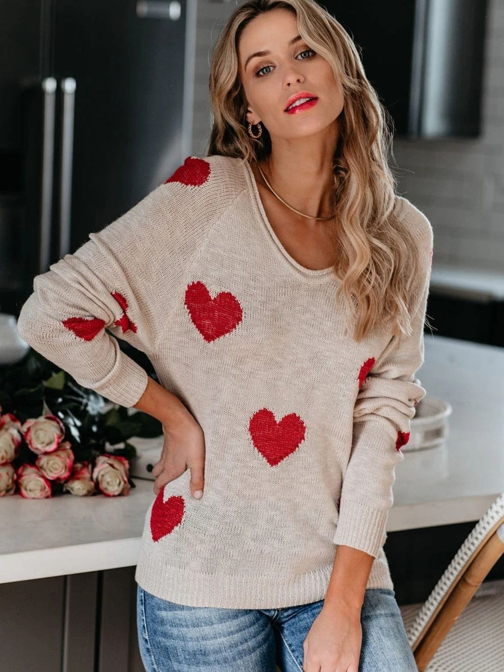 Heart Scoop Neck Long Sleeve Sweater - Trendsi