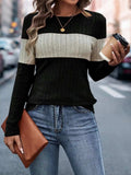 Color Block Round Neck Long Sleeve Top - Trendsi - Flyclothing LLC