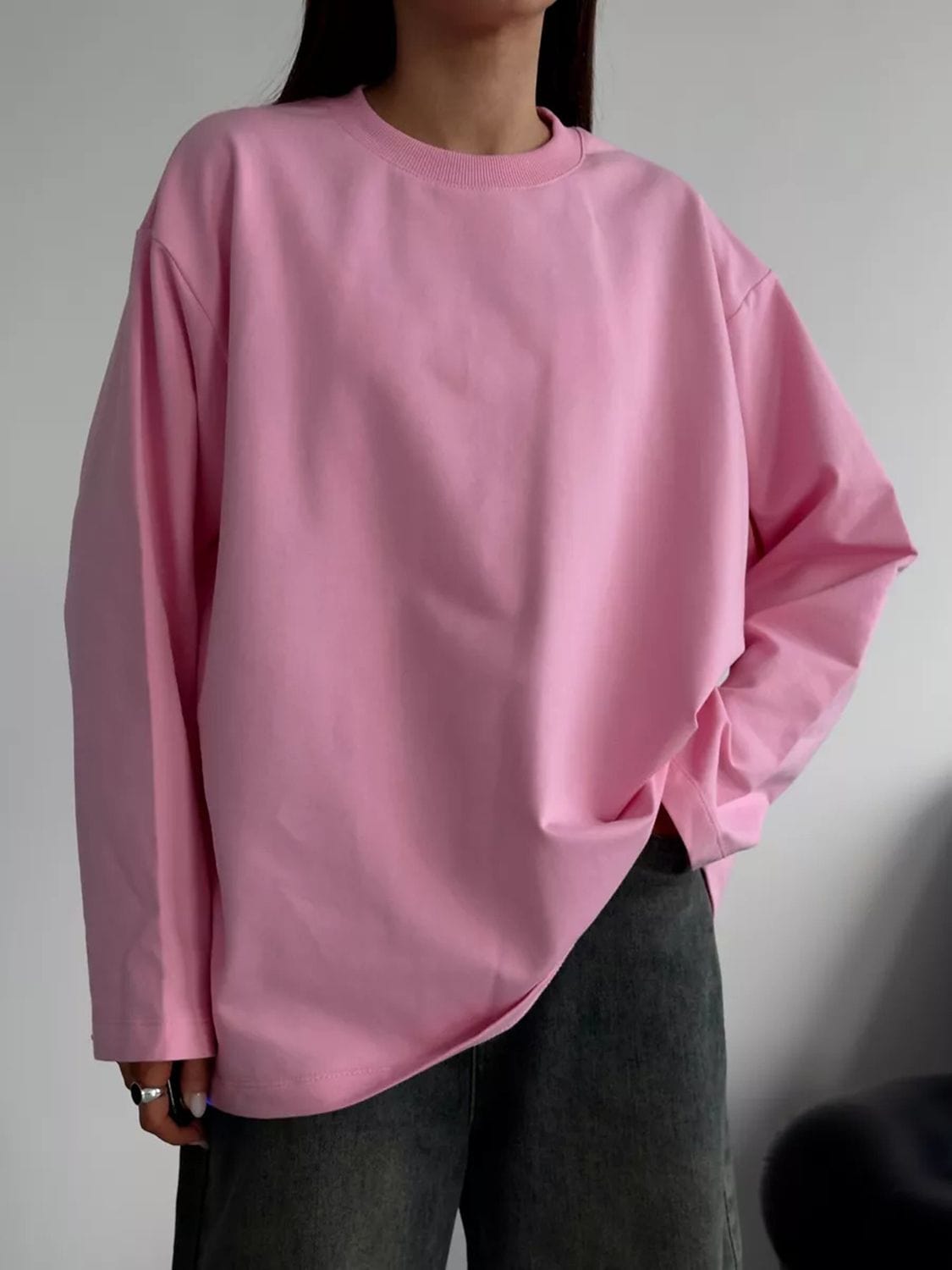 Round Neck Dropped Shoulder Long Sleeve T-Shirt - Trendsi