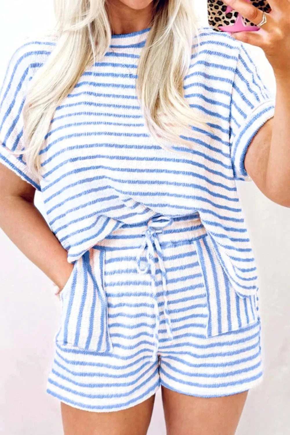 Stripe Knitted Short Sleeve Top and Drawstring Shorts Set - Trendsi - Flyclothing LLC