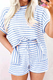 Stripe Knitted Short Sleeve Top and Drawstring Shorts Set - Trendsi - Flyclothing LLC