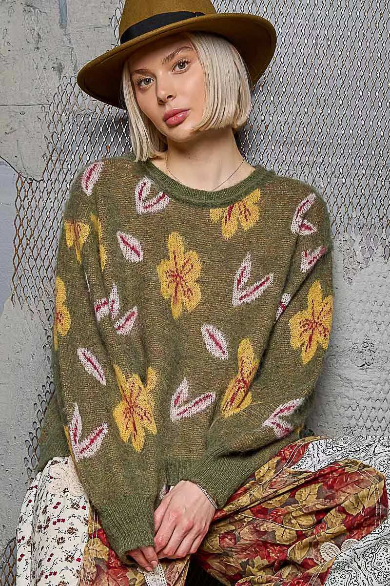 POL Floral Pattern Round Neck Balloon Sleeve Sweater - Trendsi - Flyclothing LLC