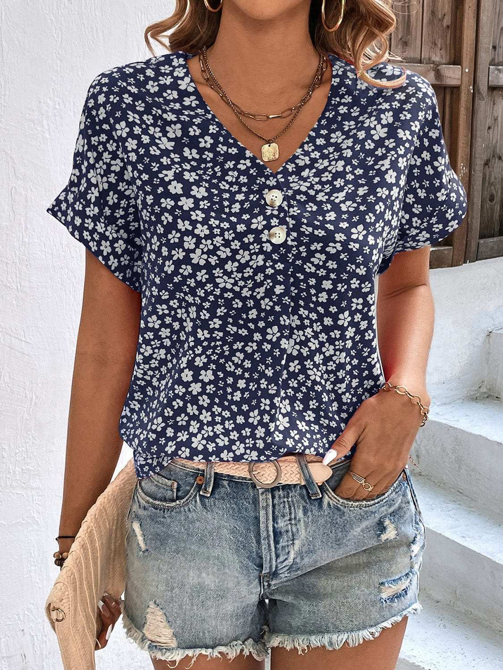 Printed V-Neck Short Sleeve Blouse - Trendsi - Flyclothing LLC