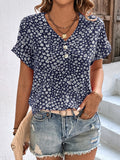 Printed V-Neck Short Sleeve Blouse - Trendsi