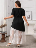 Plus Size Lace Patchwork Short Sleeve Maxi Dress - Trendsi
