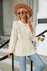 Round Neck Ruffled Peplum Blouse - Trendsi - Flyclothing LLC