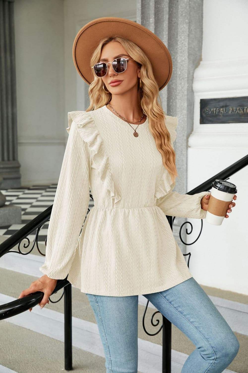 Round Neck Ruffled Peplum Blouse - Trendsi - Flyclothing LLC