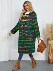 Plaid Long Sleeve Hooded Coat with Pockets - Trendsi
