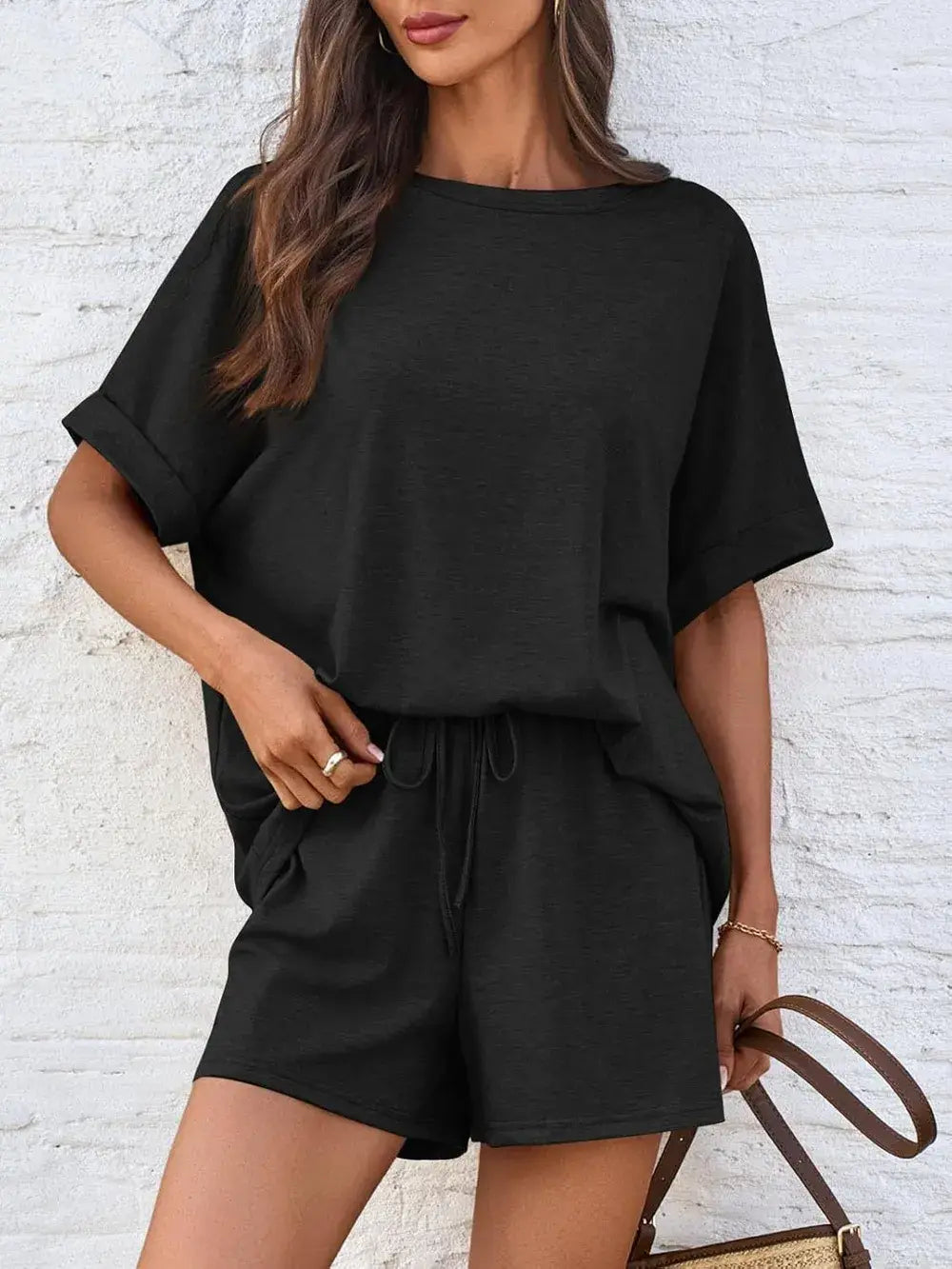 Round Neck T-Shirt and Drawstring Shorts Set - Trendsi - Flyclothing LLC