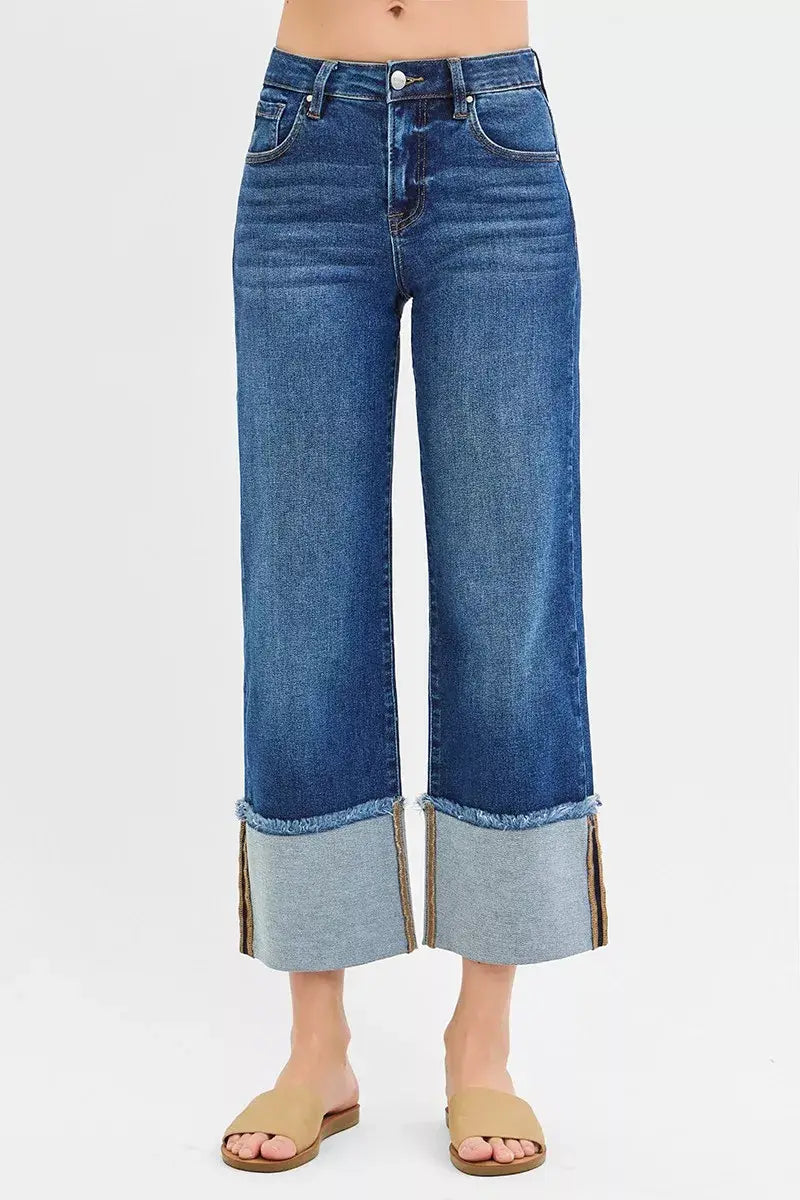 RISEN Full Size Mid Rise Crop Wide Wide Cuffed Jeans Plus Size - Trendsi - Flyclothing LLC