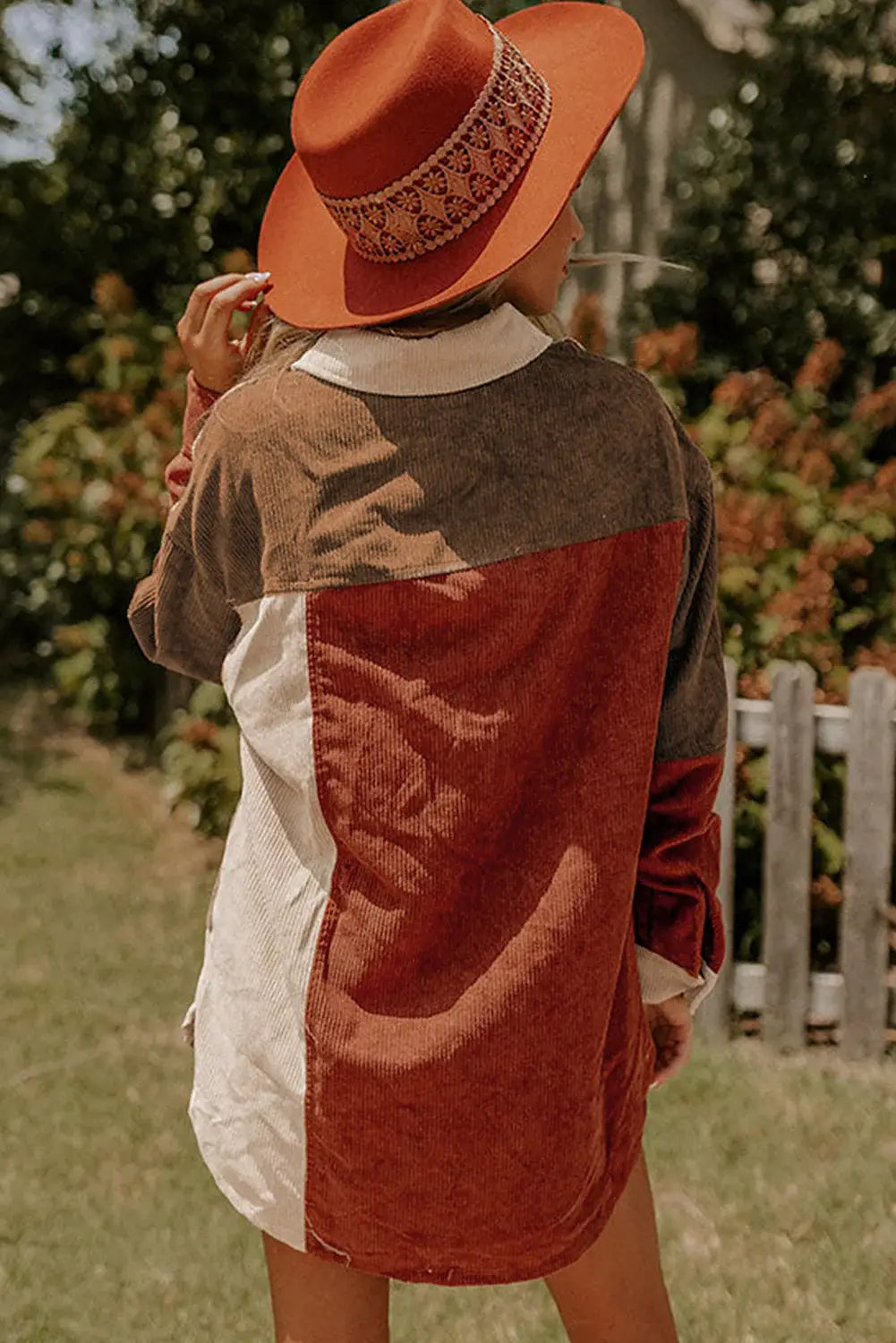 Color Block Curved Hem Corduroy Shacket with Pocket - Trendsi - Flyclothing LLC