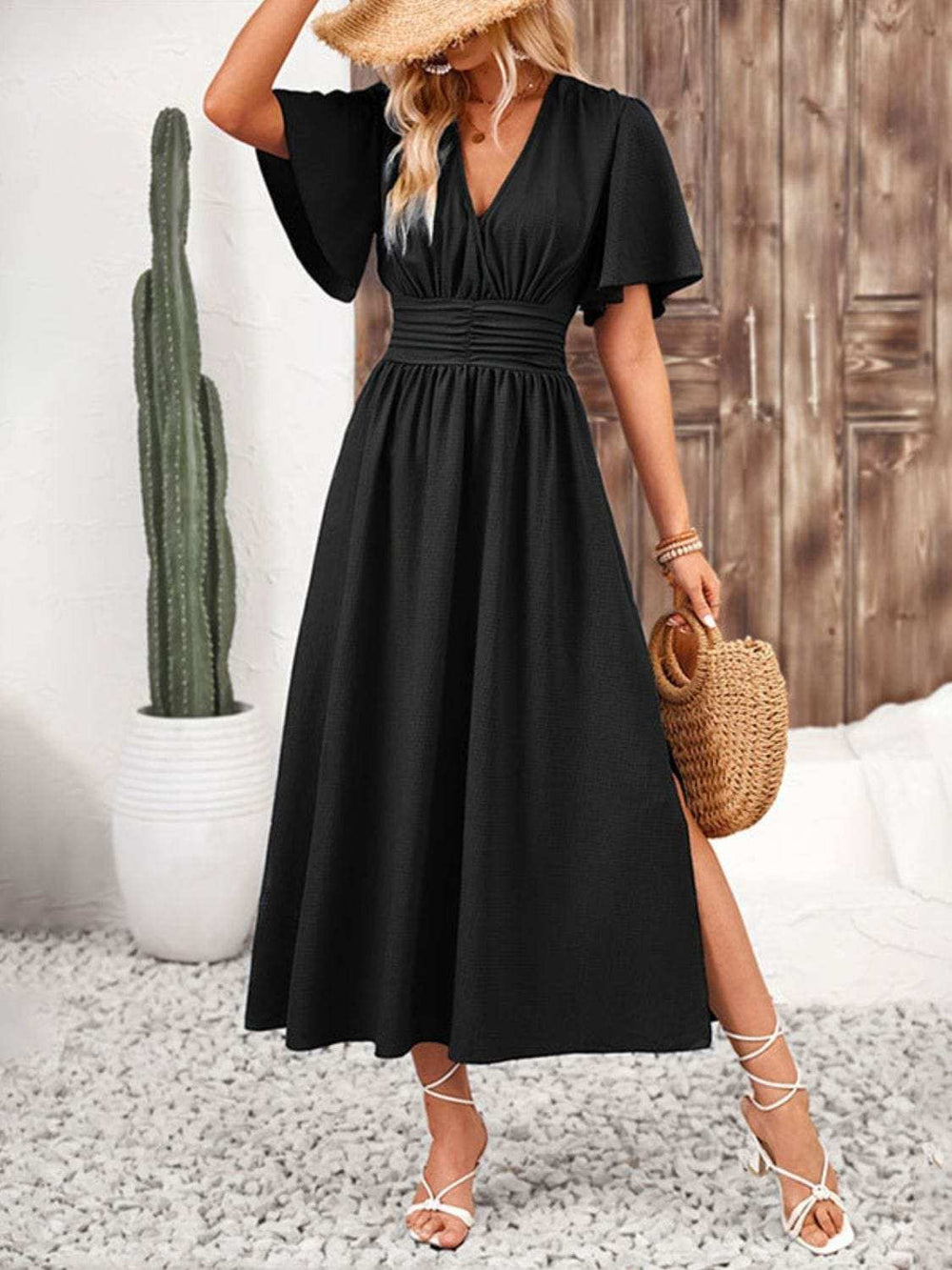 Side Slit Surplice Flutter Sleeve Midi Dress - Trendsi - Flyclothing LLC